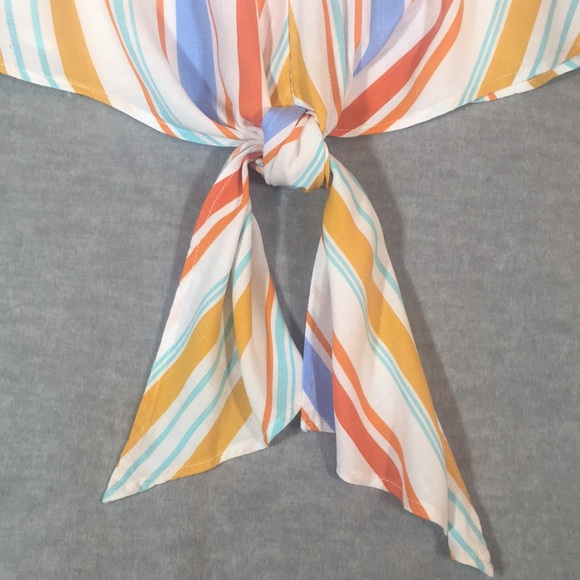 JODIFL Oversized Relaxed Fit Boxy V-Neck Tie Front Soft Comfy Summer Striped Top - Picture 9 of 13